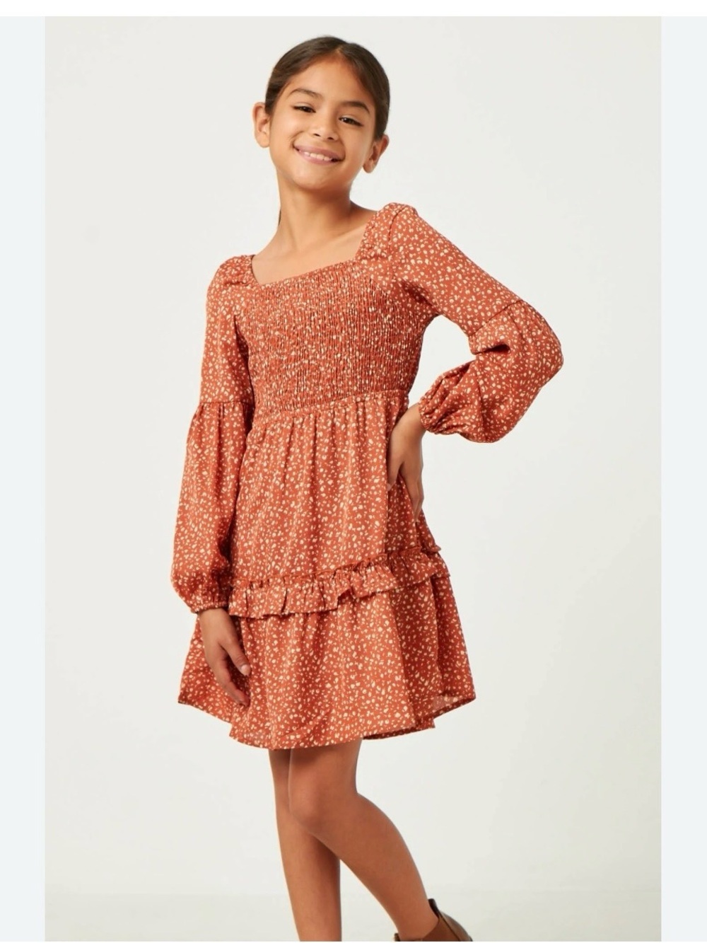 Hayden Girls Rust Ditsy Smocked Tiered Dress